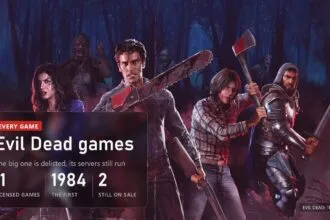 Cover: Ash with a chainsaw leading survivors through a red forest in Evil Dead: The Game, every Evil Dead game