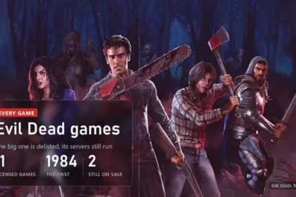 Cover: Ash with a chainsaw leading survivors through a red forest in Evil Dead: The Game, every Evil Dead game
