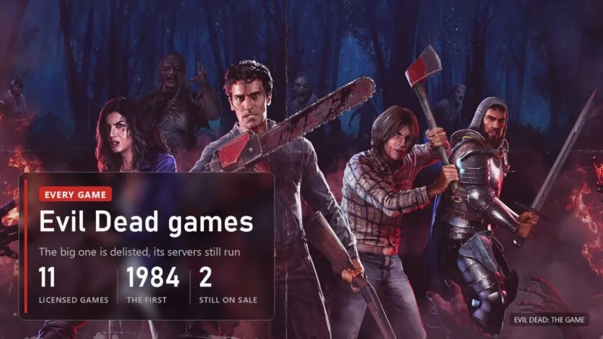 Cover: Ash with a chainsaw leading survivors through a red forest in Evil Dead: The Game, every Evil Dead game