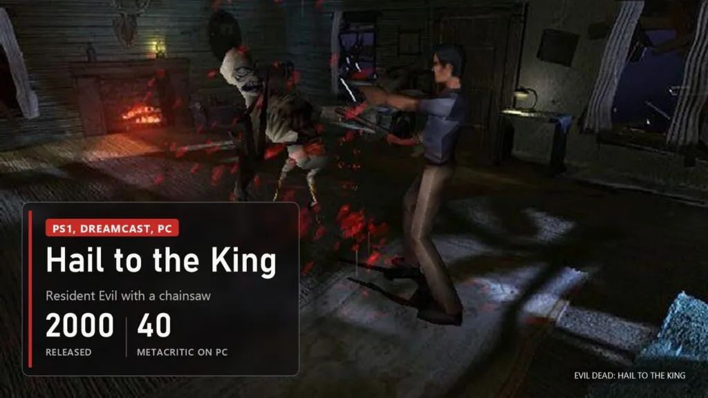 Ash with a chainsaw in a dark cabin room next to a bloody demon, blood on the floor