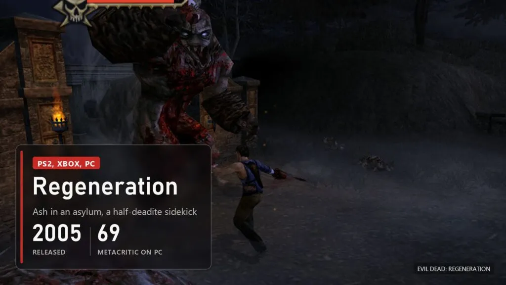 A huge bloody demon looms over Ash on a night street, a skull health bar at the top