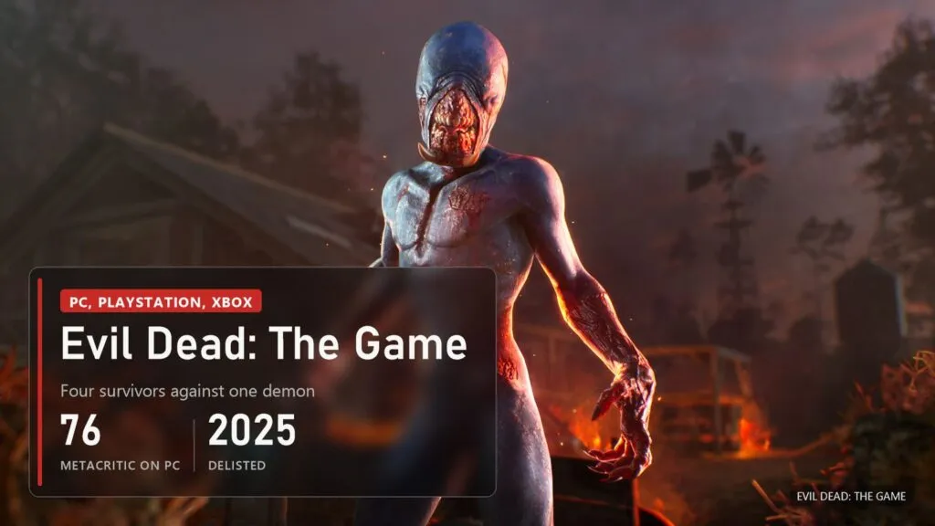 A skull-faced demon with bloody claws stands by a burning cabin in the woods