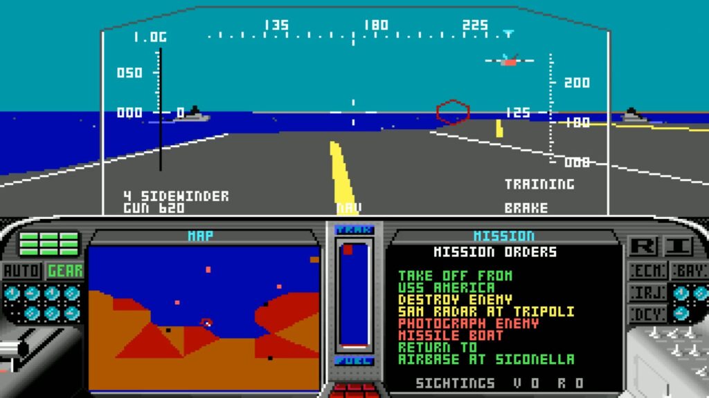 F-19 Stealth Fighter cockpit on a carrier deck with targeting grid, map and mission orders for Tripoli