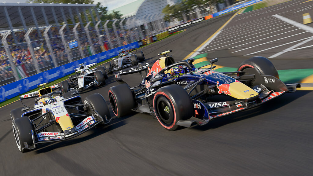 Two Formula 1 cars fighting for position through a corner in Melbourne