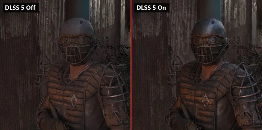 Fallout 4 RTX in RTX Remix: soldier's helmet with DLSS 5 off and on