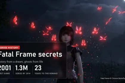 Mio among red butterflies in the Fatal Frame II remake with the Fatal Frame secrets plaque