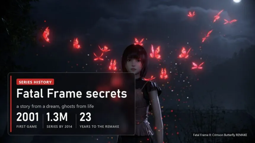 Mio among red butterflies in the Fatal Frame II remake with the Fatal Frame secrets plaque