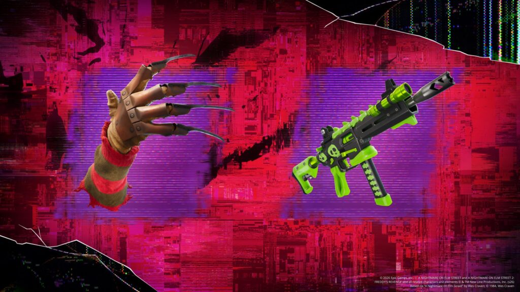 De messenhandschoen van Freddy naast een groen machinepistool op een rood-paarse achtergrond