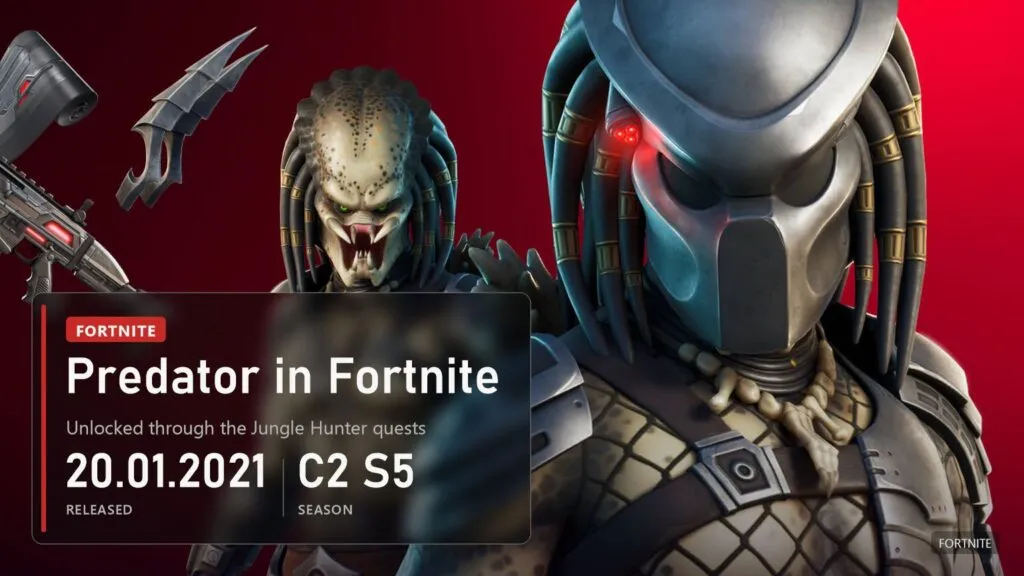 Two looks of the Fortnite Predator on a red background: masked with a red targeting light, and unmasked with open mandibles