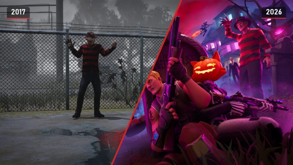 Links Freddy uit de remake achter een hek in Dead by Daylight uit 2017, rechts de klassieke Freddy op de key art van Fortnitemares 2026
