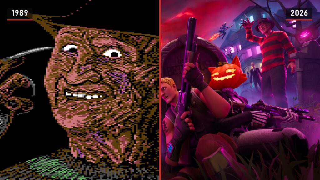 Links het pixelgezicht van Freddy Krueger op de Commodore 64 uit 1989, rechts Freddy in gestreepte trui op de key art van Fortnitemares 2026