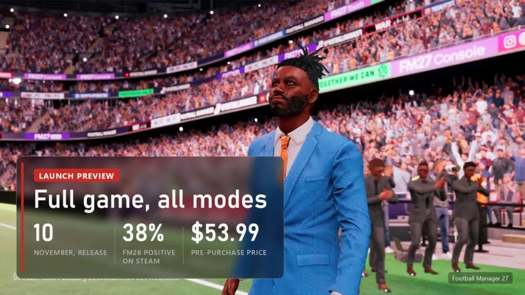 Football Manager 27 Launch Preview: full game, release on 10 November, FM26 at 38% positive on Steam, pre-purchase $53.99