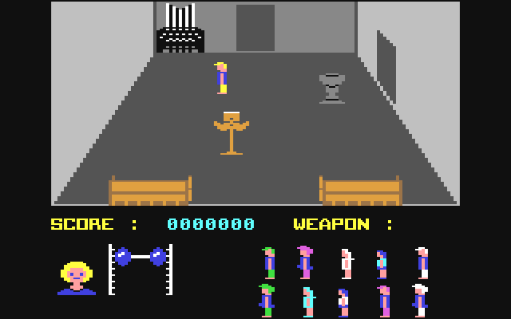 Inside the church in Friday the 13th on the Commodore 64: a cross, benches, and below a woman's face next to the fear meter and a row of friends