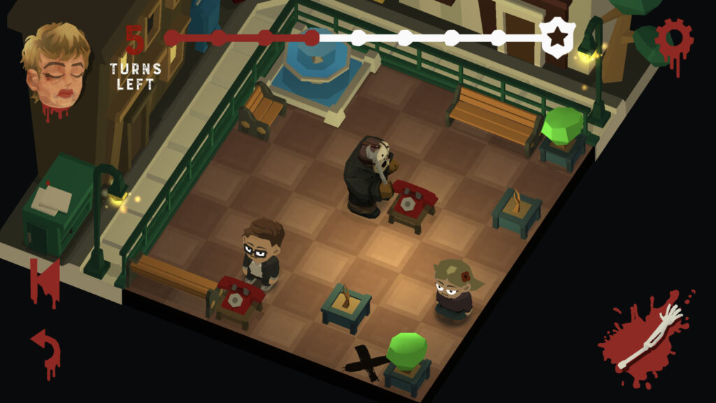 An isometric Killer Puzzle level: Jason at the camp fountain among counselors, with a turn counter at the top