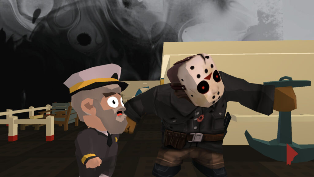 A cartoon Jason holding a boat hook stands next to a ship captain on a pier
