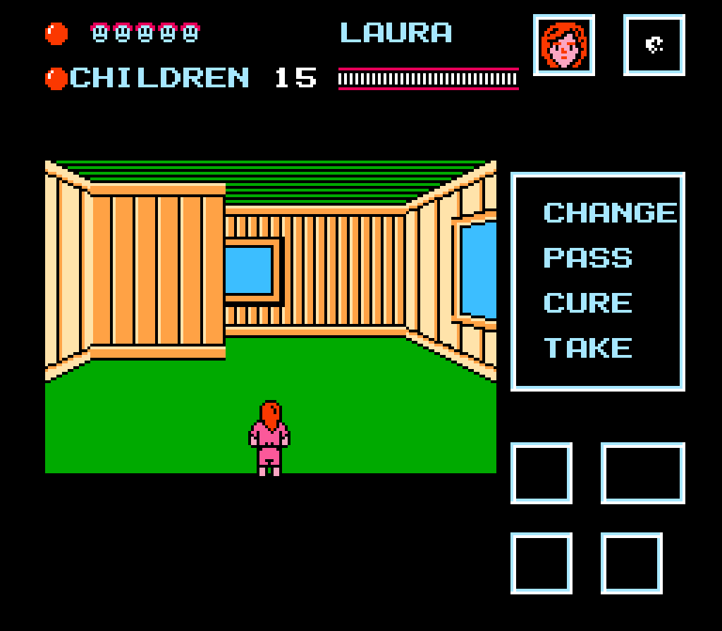 Counselor Laura stands in an empty cabin, with a command menu on the right and a children counter showing 15