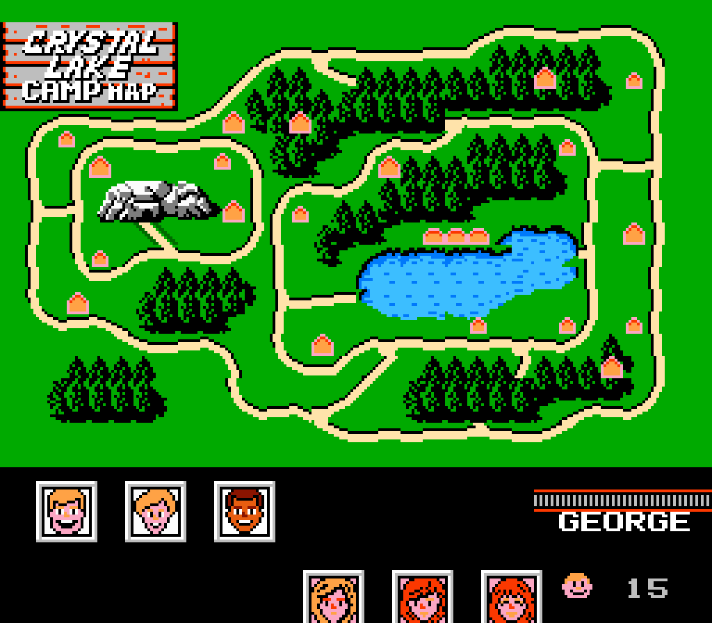 The Crystal Lake camp map in Friday the 13th on the NES: trails, cabins, the lake and counselor portraits along the bottom