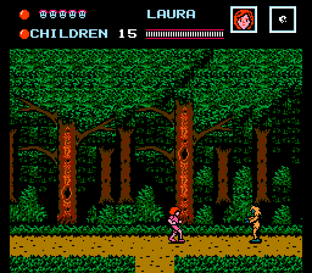 A counselor runs along a forest trail past tall trees while a zombie walks towards him