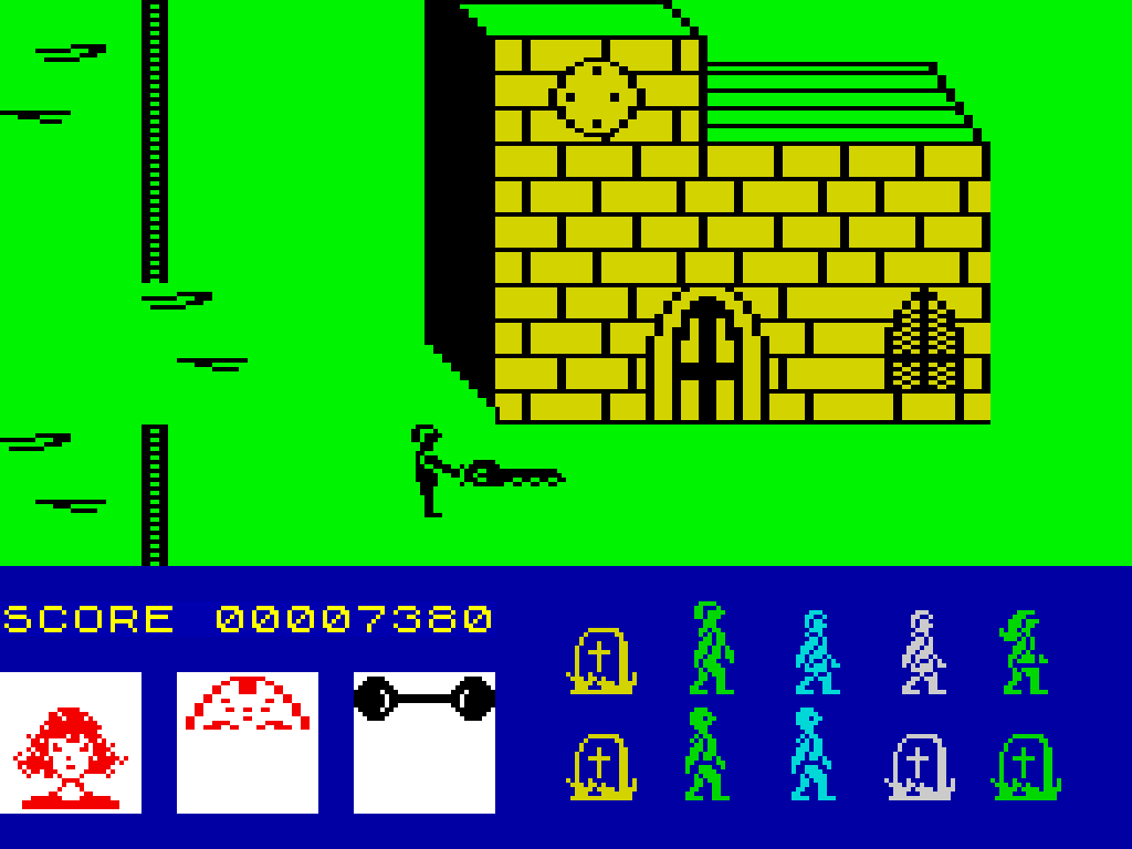 Friday the 13th on the ZX Spectrum: bright green grass, a yellow brick church, and the fear meter and friends along the bottom