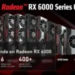 Radeon RX 6000 graphics cards from 6900 to 6400 with a plate about FSR 4.1