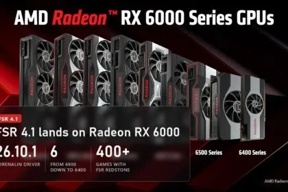Radeon RX 6000 graphics cards from 6900 to 6400 with a plate about FSR 4.1