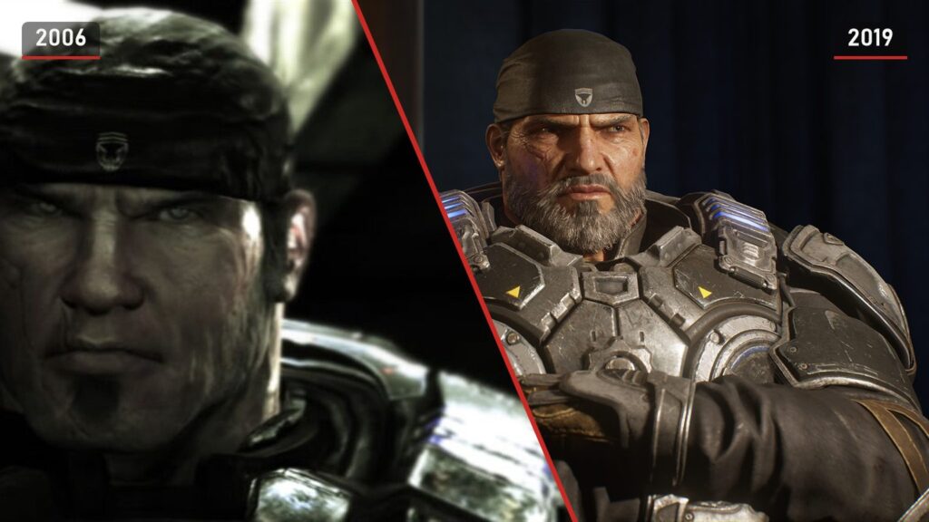 Marcus Fenix in Gears of War 2006 and in Gears 5 2019
