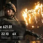 GeForce 621.01 driver key visual on a Call of Duty: Modern Warfare 4 screenshot: up to 30 minutes of shader waits, DLSS 4.5 in Cyberpunk 2077 on 22.10, up to 6X frame generation on RTX 50