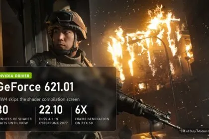 GeForce 621.01 driver key visual on a Call of Duty: Modern Warfare 4 screenshot: up to 30 minutes of shader waits, DLSS 4.5 in Cyberpunk 2077 on 22.10, up to 6X frame generation on RTX 50