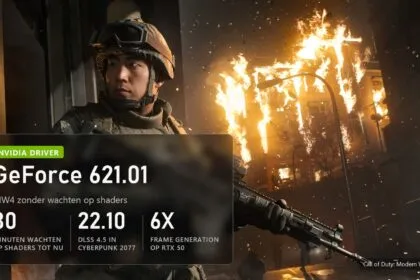 Beeld bij GeForce-driver 621.01 op een screenshot van Call of Duty: Modern Warfare 4: tot 30 minuten wachten op shaders, DLSS 4.5 in Cyberpunk 2077 op 22.10, tot 6X frame generation op RTX 50