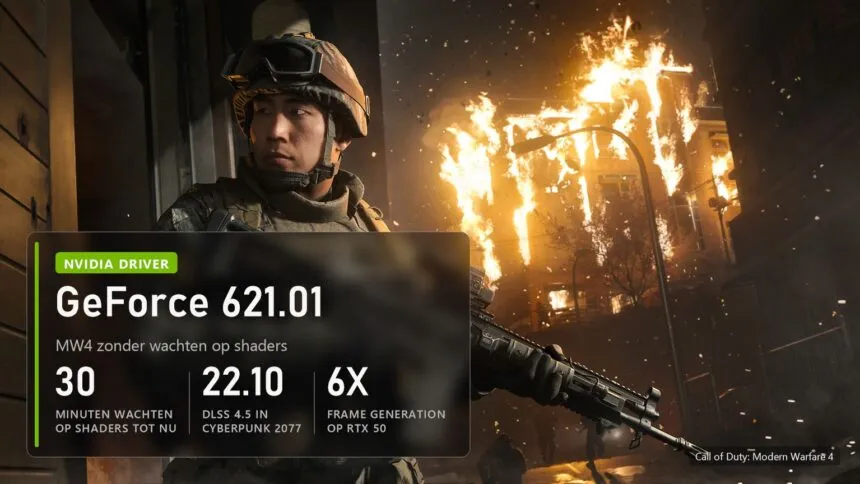 Beeld bij GeForce-driver 621.01 op een screenshot van Call of Duty: Modern Warfare 4: tot 30 minuten wachten op shaders, DLSS 4.5 in Cyberpunk 2077 op 22.10, tot 6X frame generation op RTX 50