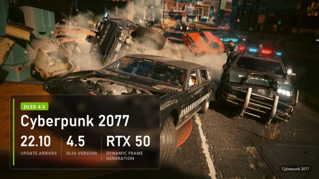 Cyberpunk 2077 screenshot with the DLSS 4.5 update date 22.10 and Dynamic Multi Frame Generation on RTX 50