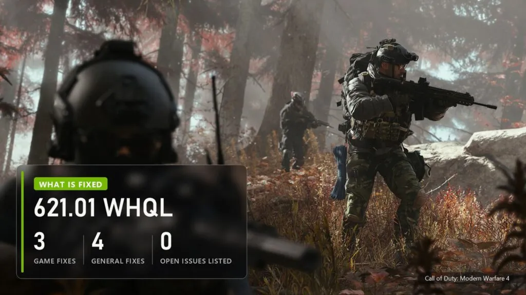 GeForce 621.01 WHQL fixes over a Modern Warfare 4 screenshot: 3 game fixes, 4 general fixes, 0 open issues listed