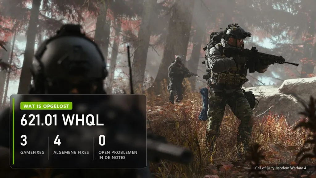 Fixes in GeForce 621.01 WHQL op een screenshot van Modern Warfare 4: 3 gamefixes, 4 algemene fixes, 0 open problemen in de notes