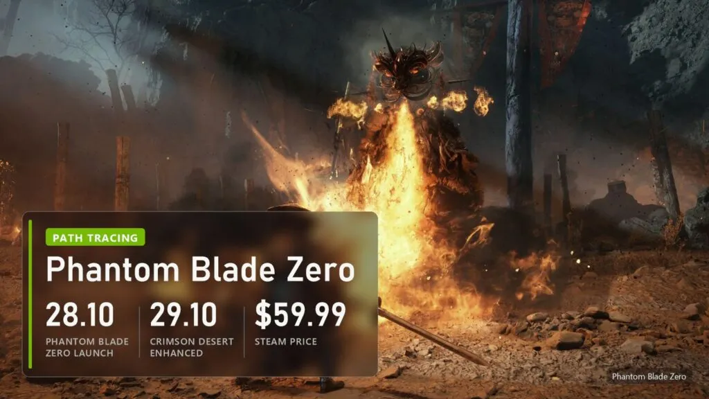 Phantom Blade Zero screenshot: launch 28.10 with path tracing, Crimson Desert Enhanced 29.10, $59.99 on Steam