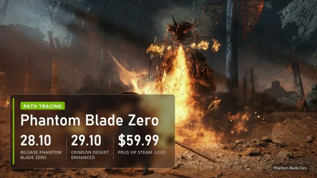 Screenshot van Phantom Blade Zero: release 28.10 met path tracing, Crimson Desert Enhanced 29.10, 59,99 dollar op Steam