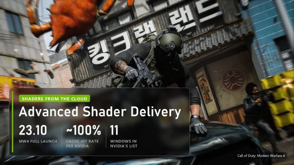 Advanced Shader Delivery in Call of Duty: Modern Warfare 4: full launch 23.10, near 100% cache hit rate per NVIDIA, Windows 11 in NVIDIA's list