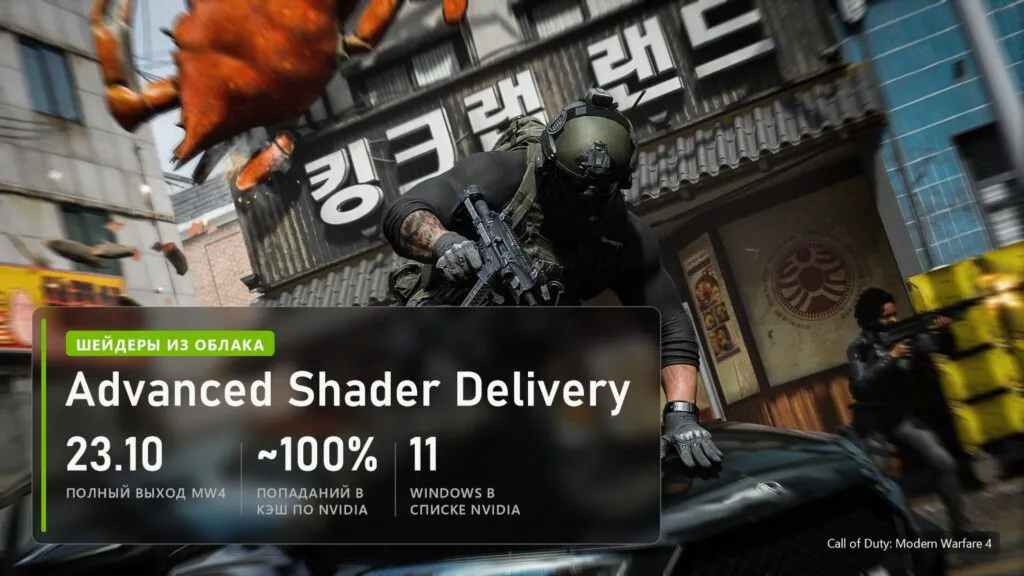 Advanced Shader Delivery в Call of Duty: Modern Warfare 4: полный выход 23.10, почти 100% попаданий в кэш по данным NVIDIA, Windows 11 в списке NVIDIA