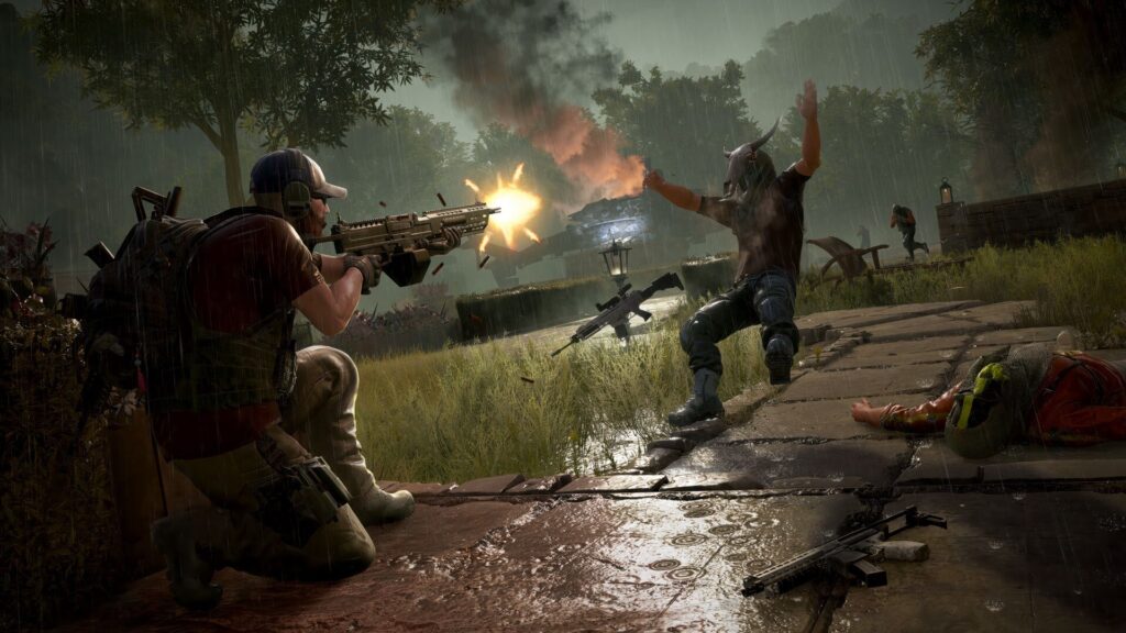 Een Ghost Recon-soldaat schiet met een geweer vanuit dekking in de groene jungle van Bolivia, met een vijand op de grond ernaast