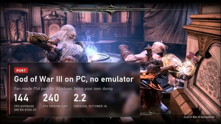 God of War III Remastered fan PC port, 144 FPS average
