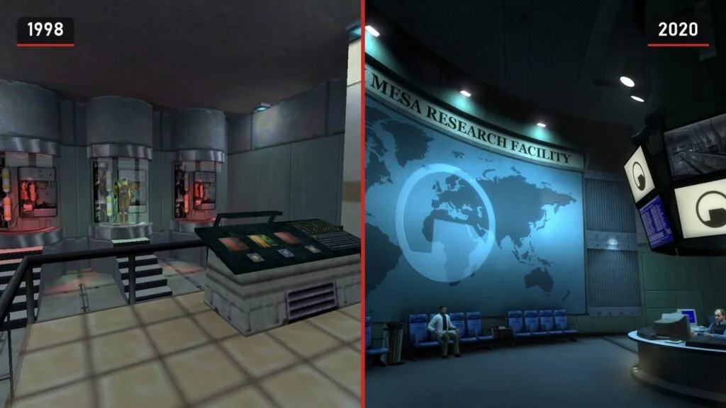 The Black Mesa facility in Half-Life from 1998 and in the Black Mesa remake from 2020