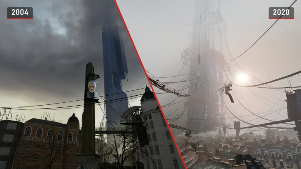 The Citadel over City 17 in Half-Life 2 from 2004 and in Half-Life: Alyx from 2020