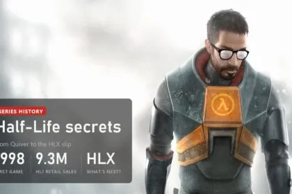 Gordon Freeman in the Half-Life 2 key art with the Half-Life secrets plaque