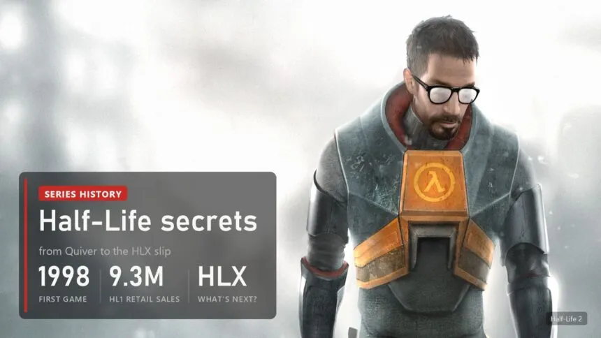 Gordon Freeman in the Half-Life 2 key art with the Half-Life secrets plaque