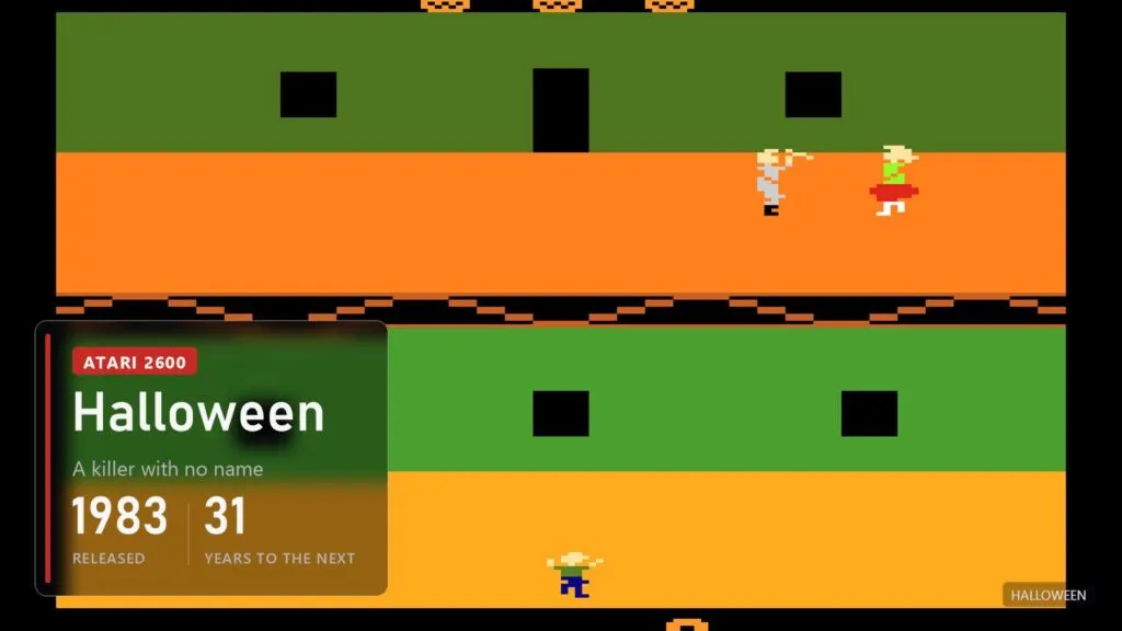 Two floors of a house in orange and green Atari colors, a grey-haired killer with a knife chasing a girl in a red skirt upstairs, the babysitter downstairs