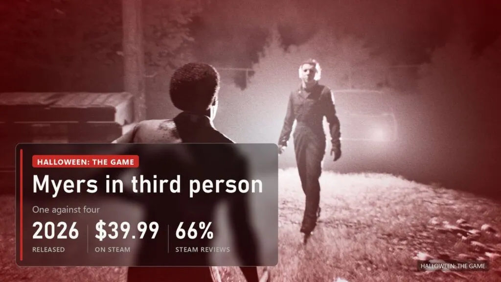 A red-tinted shot from Myers' point of view: a teenager from behind, and Myers with a knife walking toward him down a street in the headlights