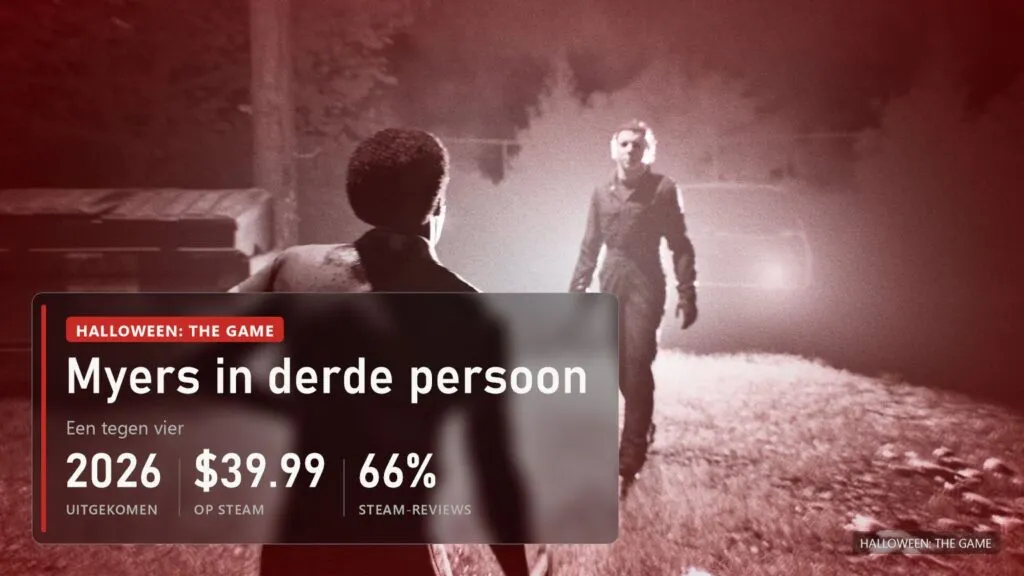 Een rood beeld vanuit Myers: een tiener op de rug gezien, en Myers met een mes die in het licht van koplampen over straat naar hem toe loopt