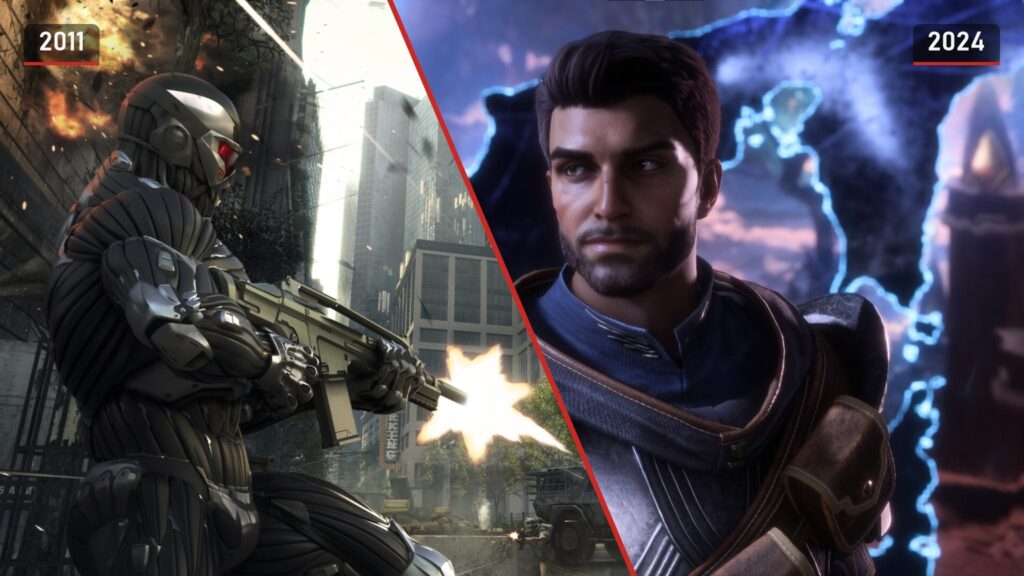 Links een soldaat in nanosuit die schiet in een straat van New York uit Crysis 2, rechts een held uit Dragon Age: The Veilguard in mantel voor bliksemflitsen