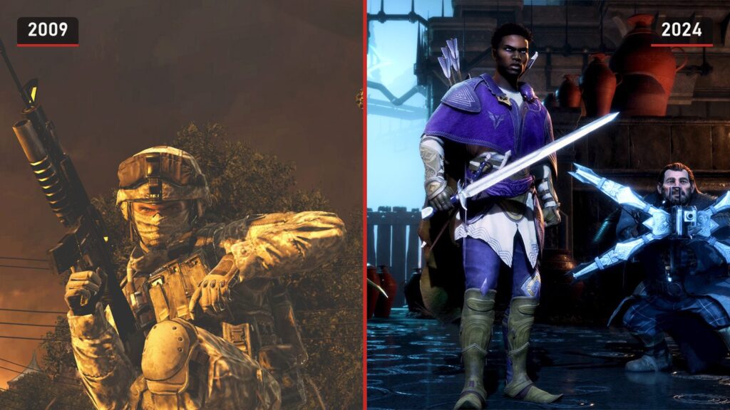 Links een soldaat in woestijncamouflage met een helikopter op de achtergrond uit Call of Duty: Modern Warfare 2, rechts metgezellen uit Dragon Age: The Veilguard met zwaard en kruisboog