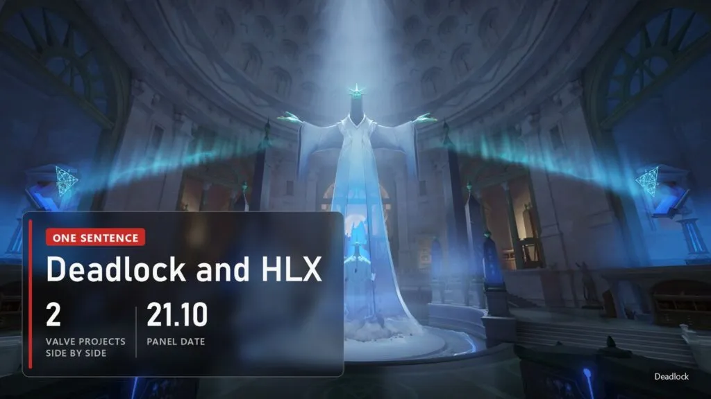 A glowing hall in Deadlock with a plate: Morasky named 2 Valve projects in one sentence, Deadlock and HLX