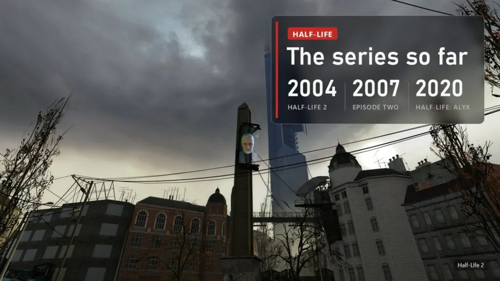 The Citadel over City 17 in Half-Life 2 with a plate: Half-Life 2 in 2004, Episode Two in 2007, Half-Life: Alyx in 2020